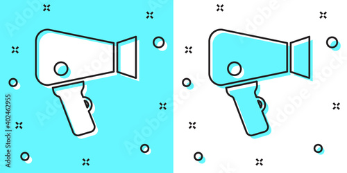 Black line Hair dryer icon isolated on green and white background. Hairdryer sign. Hair drying symbol. Blowing hot air. Random dynamic shapes. Vector.