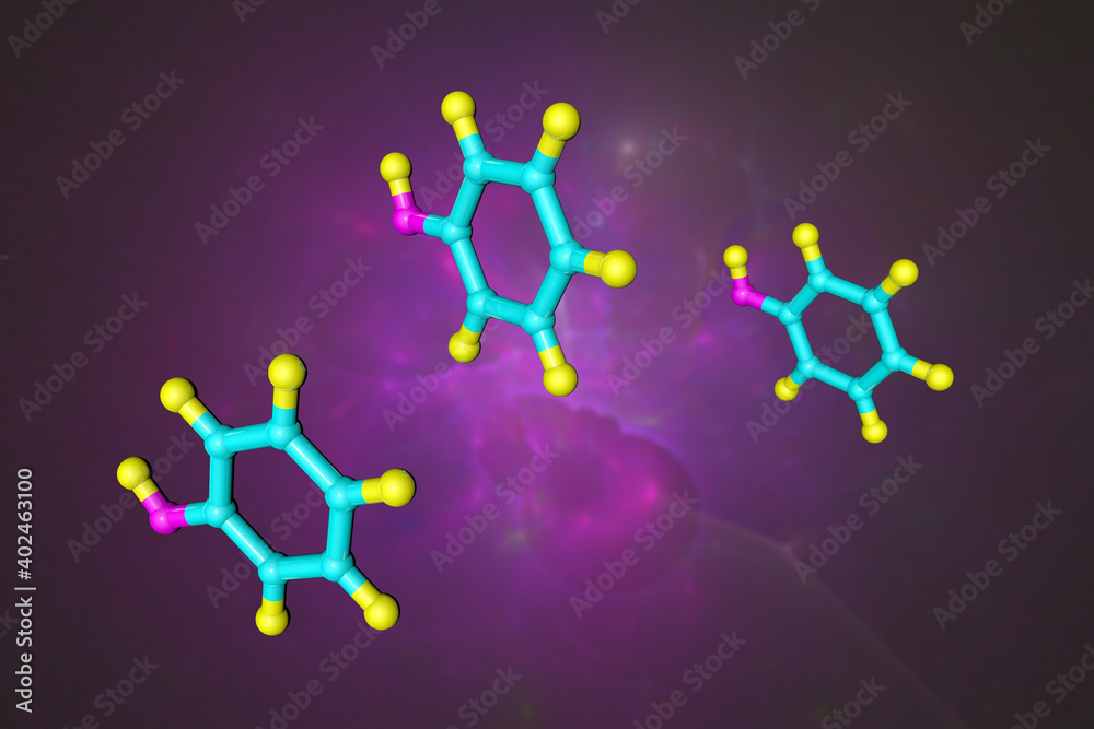 Molecular model of phenol, an aromatic organic compound that consist of