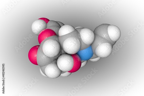 Molecular structure of naloxone. Atoms are represented as spheres with conventional color coding  carbon  grey   nitrogen  blue   oxygen  red   hydrogen  white . 3d illustration