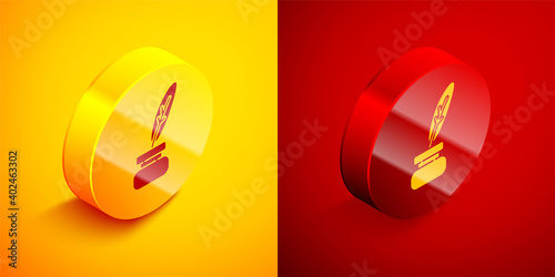 Isometric Feather and inkwell icon isolated on orange and red background. Circle button. Vector.
