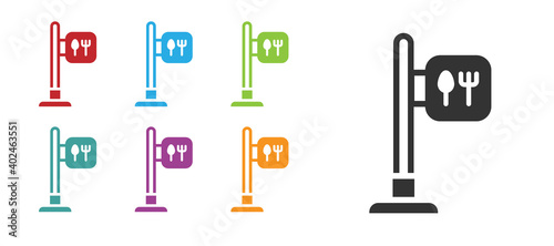 Black Cafe and restaurant location icon isolated on white background. Fork and spoon eatery sign inside pinpoint. Set icons colorful. Vector..