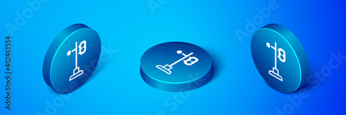 Isometric Train traffic light icon isolated on blue background. Traffic lights for the railway to regulate the movement of trains. Blue circle button. Vector.