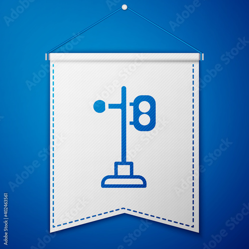 Blue Train traffic light icon isolated on blue background. Traffic lights for the railway to regulate the movement of trains. White pennant template. Vector.