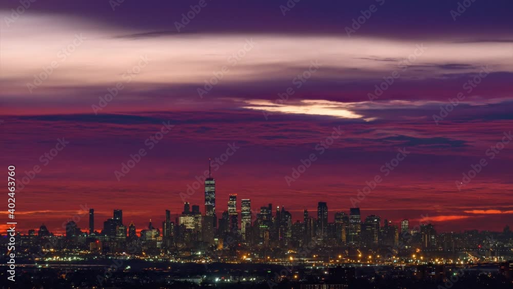 Epic Sunrise of New York City Skyline from 13 Miles Away, Amazing Fire Sky Epic Sunrise of New York City Skyline from 13 Miles Away, Amazing Fire Sky