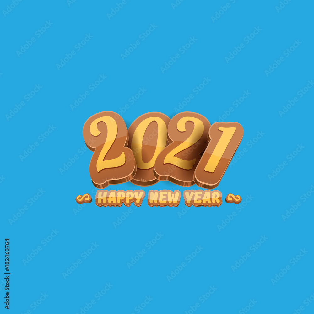 Cartoon 2021 Happy new year label or greeting card with colorful numbers and greeting text. Happy new year label or icon isolated on blue background