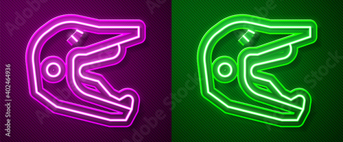 Glowing neon line Motocross motorcycle helmet icon isolated on purple and green background. Vector Illustration.