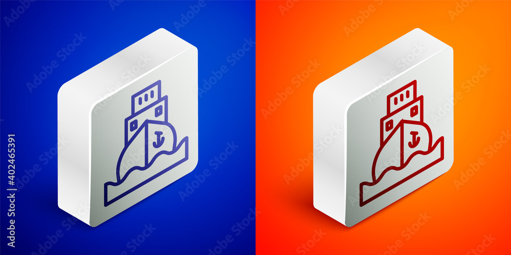 Isometric line Cargo ship icon isolated on blue and orange background. Silver square button. Vector. Isometric line Cargo ship icon isolated on blue and orange background. Silver square button. Vector.