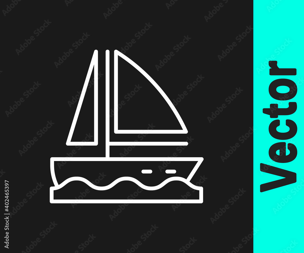 White line Yacht sailboat or sailing ship icon isolated on black background. Sail boat marine cruise travel. Vector. White line Yacht sailboat or sailing ship icon isolated on black background. Sail boat marine cruise travel. Vector.