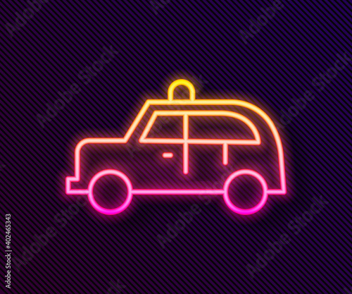 Glowing neon line Taxi car icon isolated on black background. Vector.