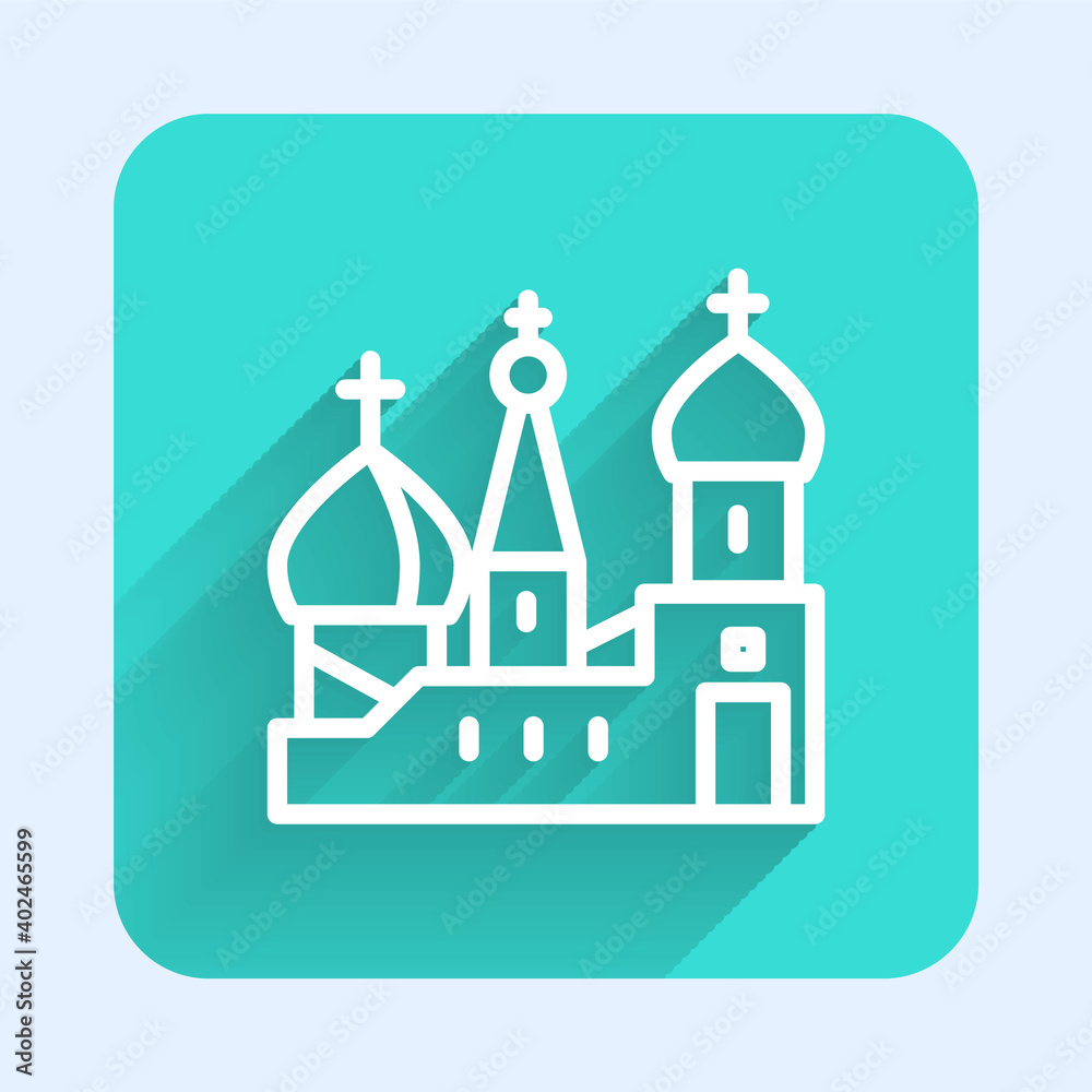 White line Moscow symbol - Saint Basil's Cathedral, Russia icon isolated with long shadow. Green square button. Vector.