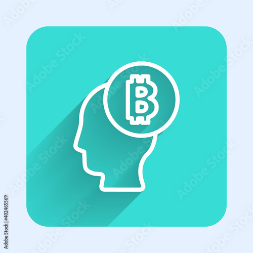White line Bitcoin think icon isolated with long shadow. Cryptocurrency head. Blockchain technology, digital money market, cryptocoin wallet. Green square button. Vector.