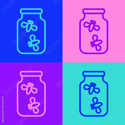 Pop art line Fireflies bugs in a jar icon isolated on color background. Vector.