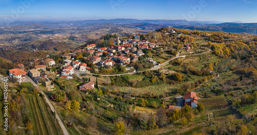 Panoramic aerial view of scenic village Pomjan near Koper in Slovenian Istria, Slovenia