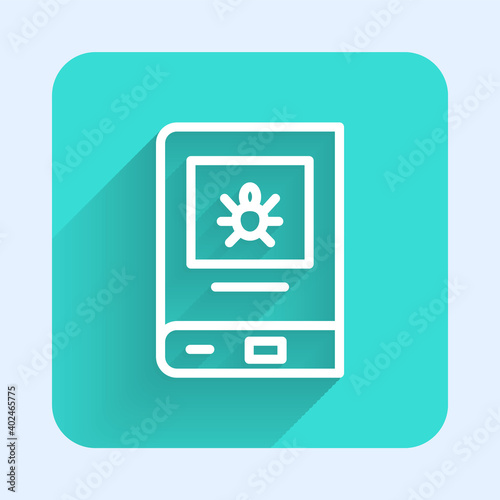 White line Book about insect icon isolated with long shadow. Green square button. Vector.