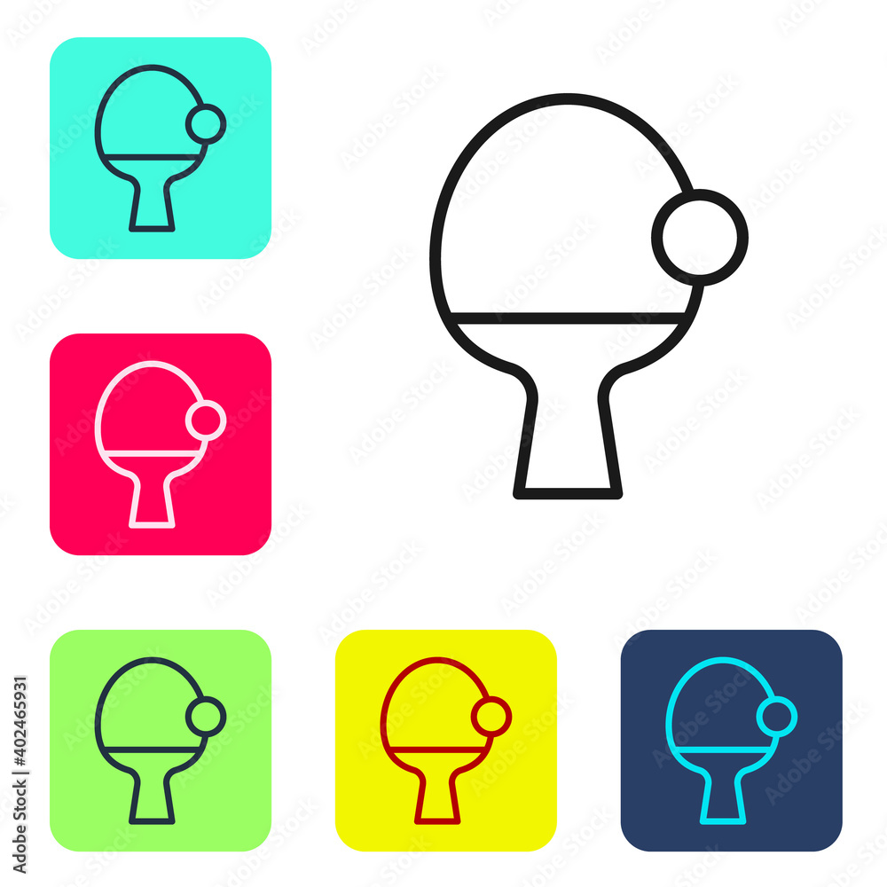 Black line Racket for playing table tennis icon isolated on white background. Set icons in color square buttons. Vector. Black line Racket for playing table tennis icon isolated on white background. Set icons in color square buttons. Vector.