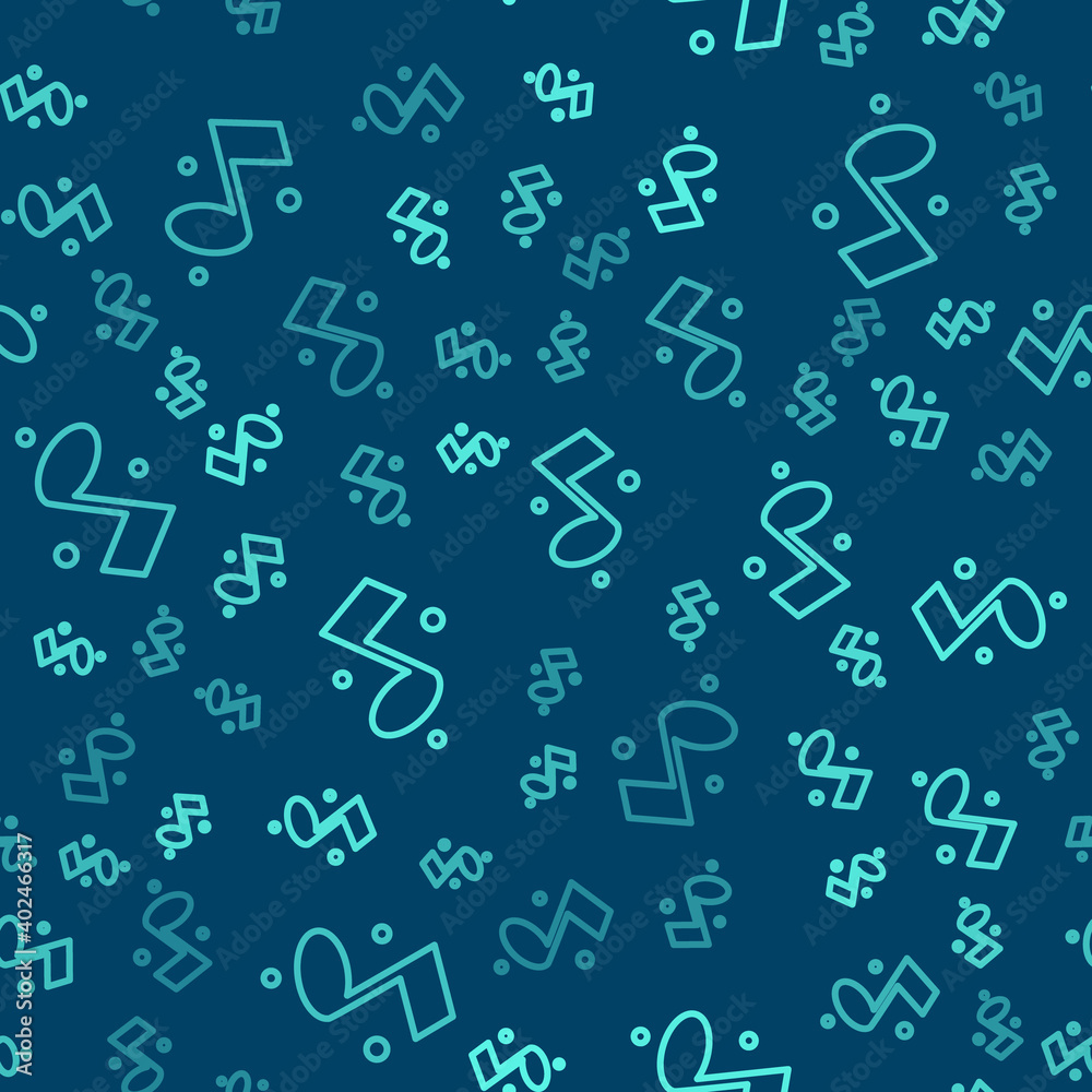 Green line Music note, tone icon isolated seamless pattern on blue background. Vector.