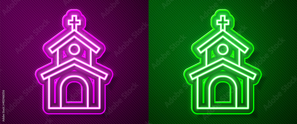 Glowing neon line Church building icon isolated on purple and green background. Christian Church. Religion of church. Vector.
