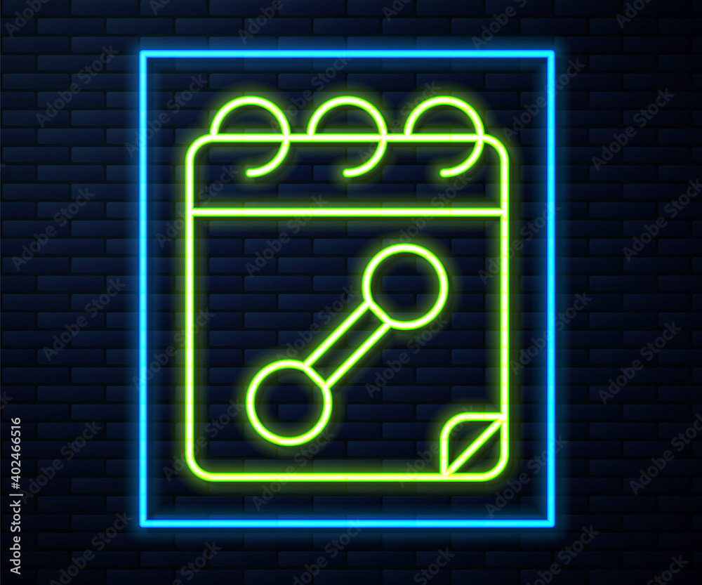 Glowing neon line Calendar fitness icon isolated on brick wall background. Training schedule. Vector. Glowing neon line Calendar fitness icon isolated on brick wall background. Training schedule. Vector.