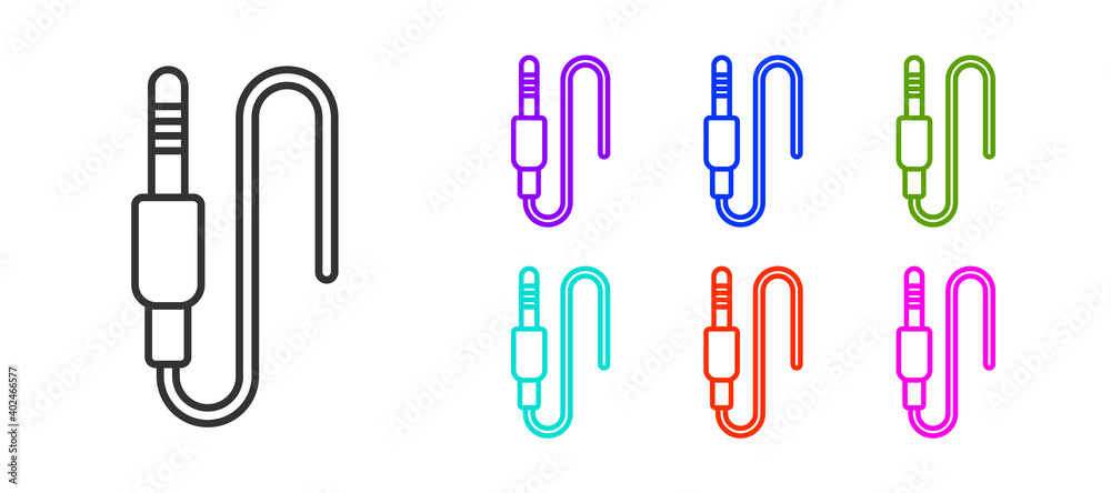 Black line Audio jack icon isolated on white background. Audio cable for connection sound equipment. Plug wire. Musical instrument. Set icons colorful. Vector. Black line Audio jack icon isolated on white background. Audio cable for connection sound equipment. Plug wire. Musical instrument. Set icons colorful. Vector.