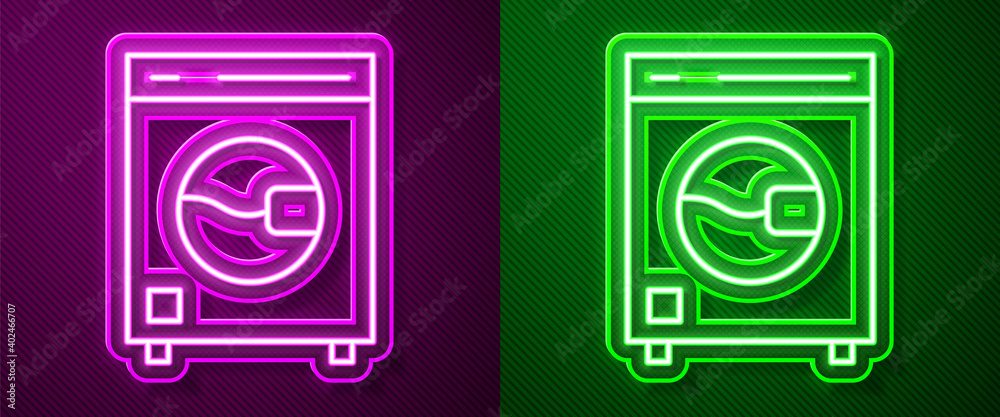 Glowing neon line Washer icon isolated on purple and green background. Washing machine icon. Clothes washer - laundry machine. Home appliance symbol. Vector. Glowing neon line Washer icon isolated on purple and green background. Washing machine icon. Clothes washer - laundry machine. Home appliance symbol. Vector.