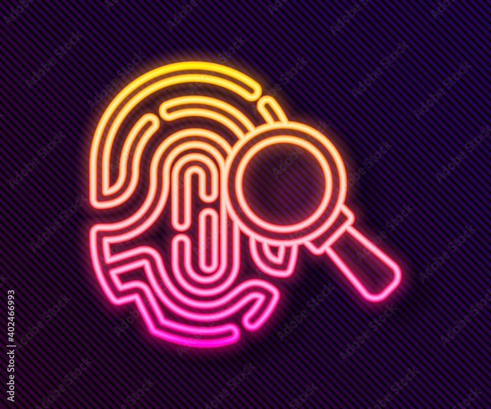 Glowing neon line Magnifying glass with fingerprint icon isolated on black background. Identification sign. Vector. Glowing neon line Magnifying glass with fingerprint icon isolated on black background. Identification sign. Vector.