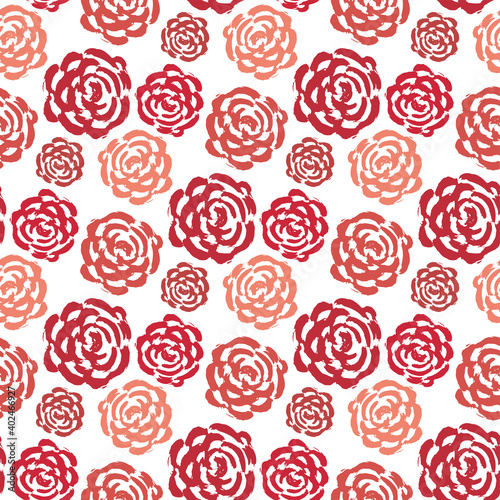 Beautiful red rose flowers isolated on white background. Cute ink floral seamless pattern. Vector flat graphic hand drawn illustration. Texture.