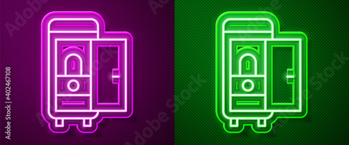 Glowing neon line Toilet in the train car icon isolated on purple and green background. Vector.
