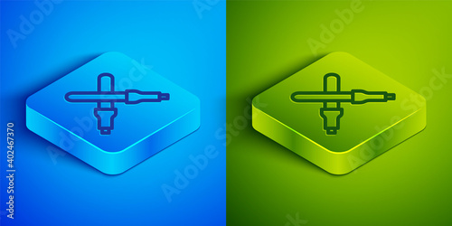 Isometric line Marshalling wands for the aircraft icon isolated on blue and green background. Marshaller communicated with pilot before and after flight. Square button. Vector.