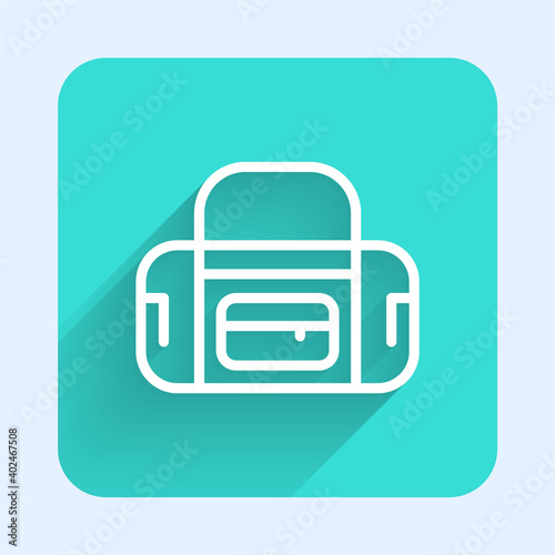 White line Sport bag icon isolated with long shadow. Green square button. Vector.