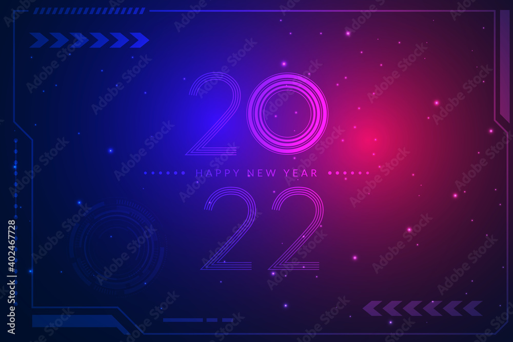 2022. Happy new year 2022 text design with circuit board technology background. Vector illustration