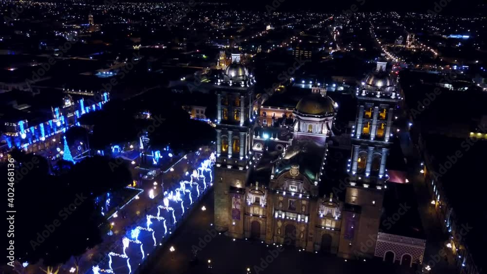 The Catholic Church night with the quadcopter. Tower closeup