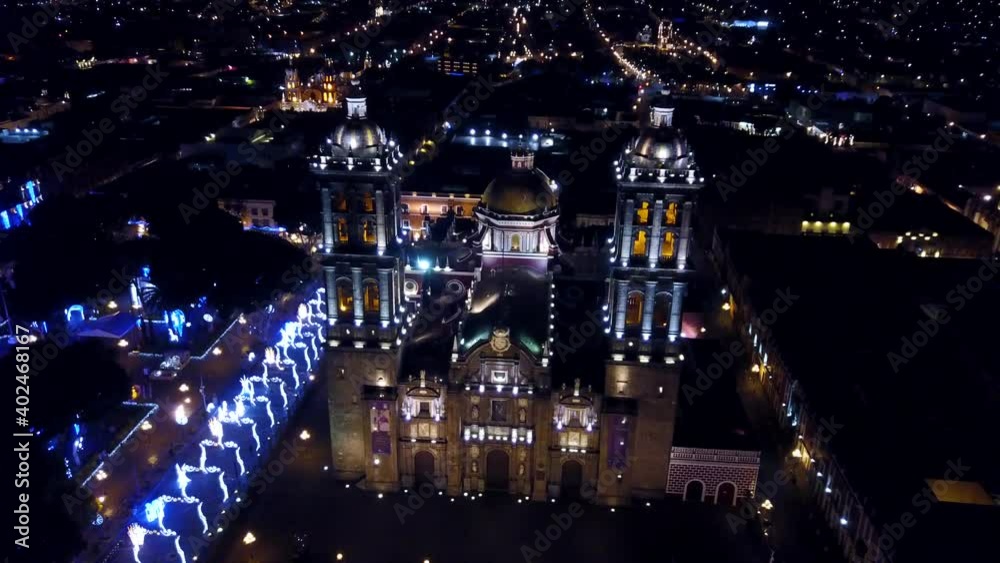 The Catholic Church night with the quadcopter. Tower closeup The Catholic Church night with the quadcopter. Tower closeup