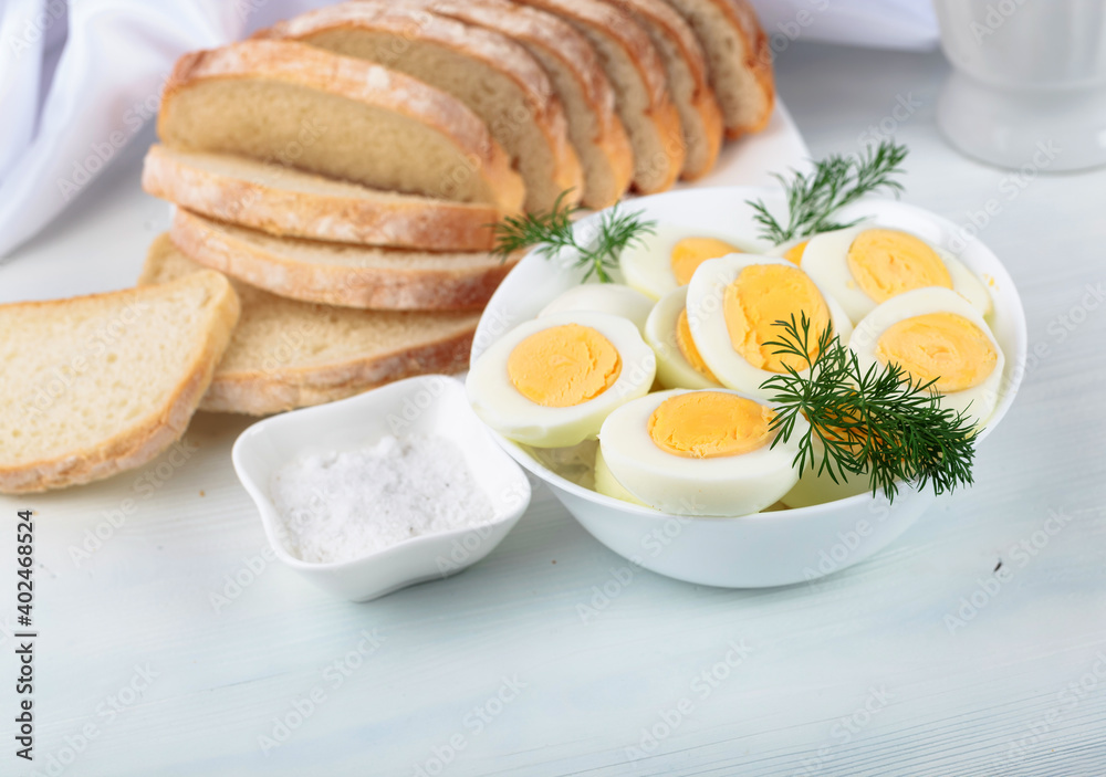 Boiled eggs with bread and salt. Boiled eggs with bread and salt.