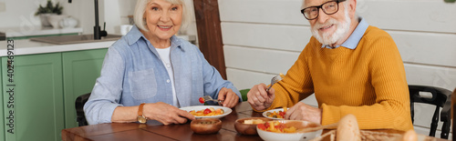 smiling elderly couple looking at camera while sitting at table with vegetarian dinner on blurred background  banner