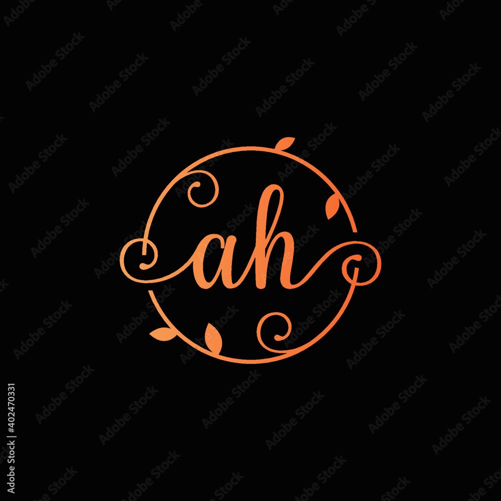 Letter AH Decorative, Classy Monogram logo inside a circular stalk, stem, or root with floral, leaves ornament. Letter AH florist logo. AH wedding logo, crafting logo