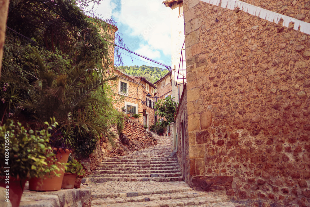 Stairs and fincas in an old Spanish mountain village Fornalutx, Mallorca, Spain