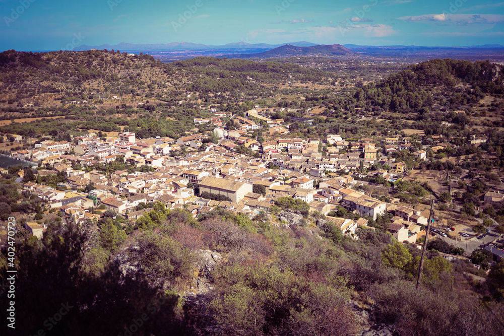 Panorama view over Spanish village Mancor de la Vall with sunny weather, Mallorca, Spain