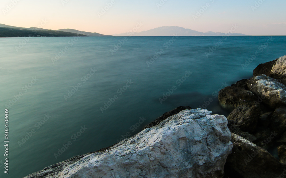 Sunrise above the sea. Zakynthos island. long exposure
