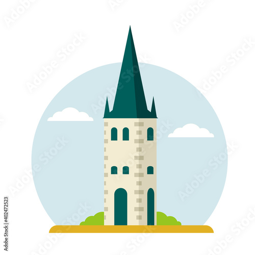 White tower. Element of medieval fortress and castle. Estonian Tourist Attraction In Tallinn. St. Olaf Church. Old historical European city. Christian temple.