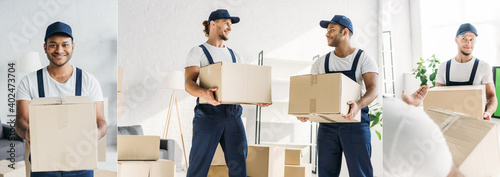 collage of smiling multiethnic movers in caps and uniform carrying boxes in apartment