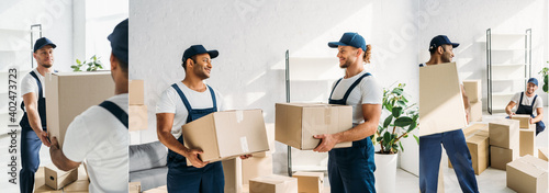 collage of happy multiethnic movers in caps and uniform carrying boxes in apartment