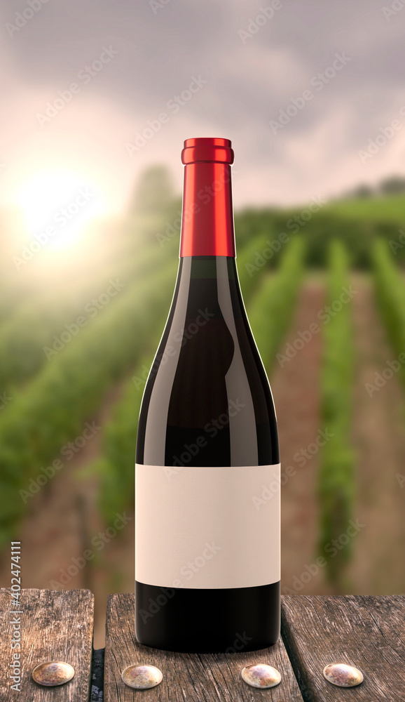 Bottle of wine with vineyard background.