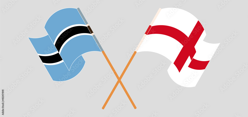 Crossed and waving flags of Botswana and England Crossed and waving flags of Botswana and England
