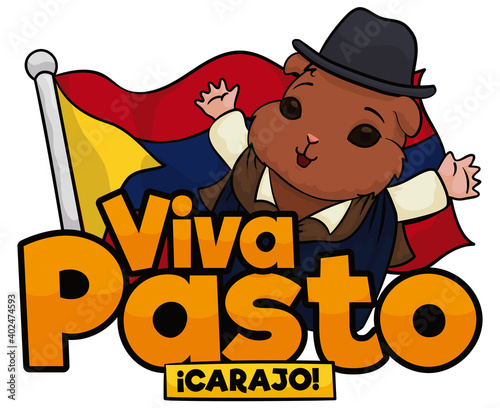 Guinea Pig over Pasto City Flag and Greeting for the Carnival, Vector Illustration