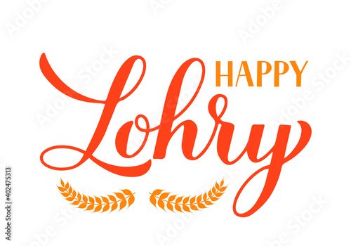 Happy Lohri lettering isolated on white. Indian Traditional Indian festival of winter solstice. Hindu celebration poster. Vector template for greeting card, party invitation, banner, flyer