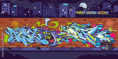 Graffiti Wall With Drawings At Night Against The Background Of The Cityscape Vector Illustration