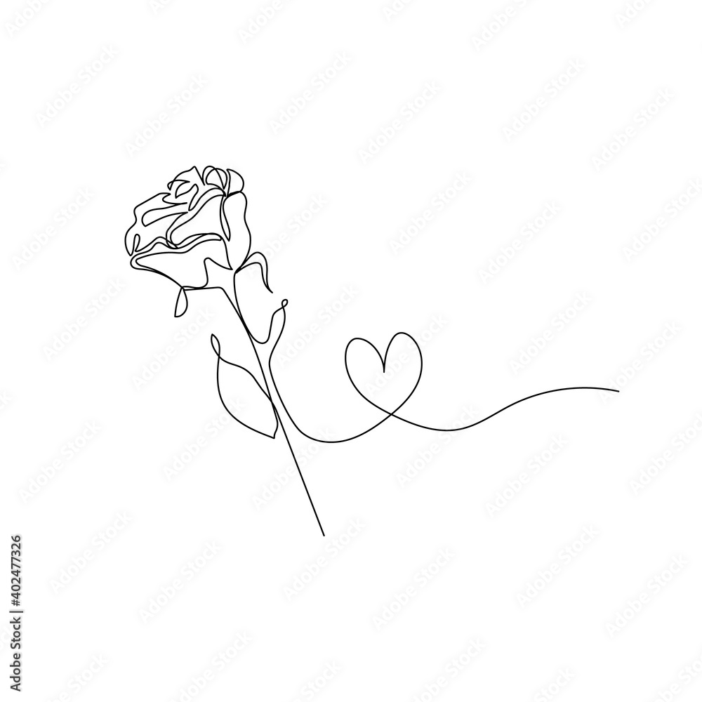 Rose flower and heart. Continuous line drawing. Vector illustration. Stock Vector Adobe Stock