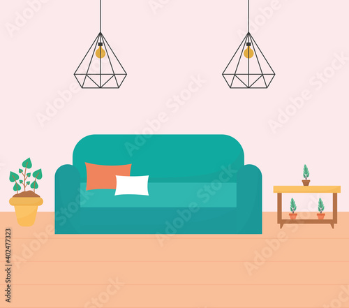 living room with one sofa, tables filled with and plants plus a chandeliers