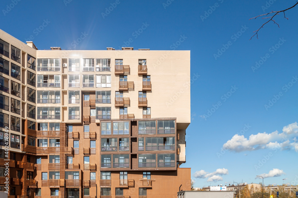 Modern apartment brick condo building exterior mixed-use urban multi-family residential area