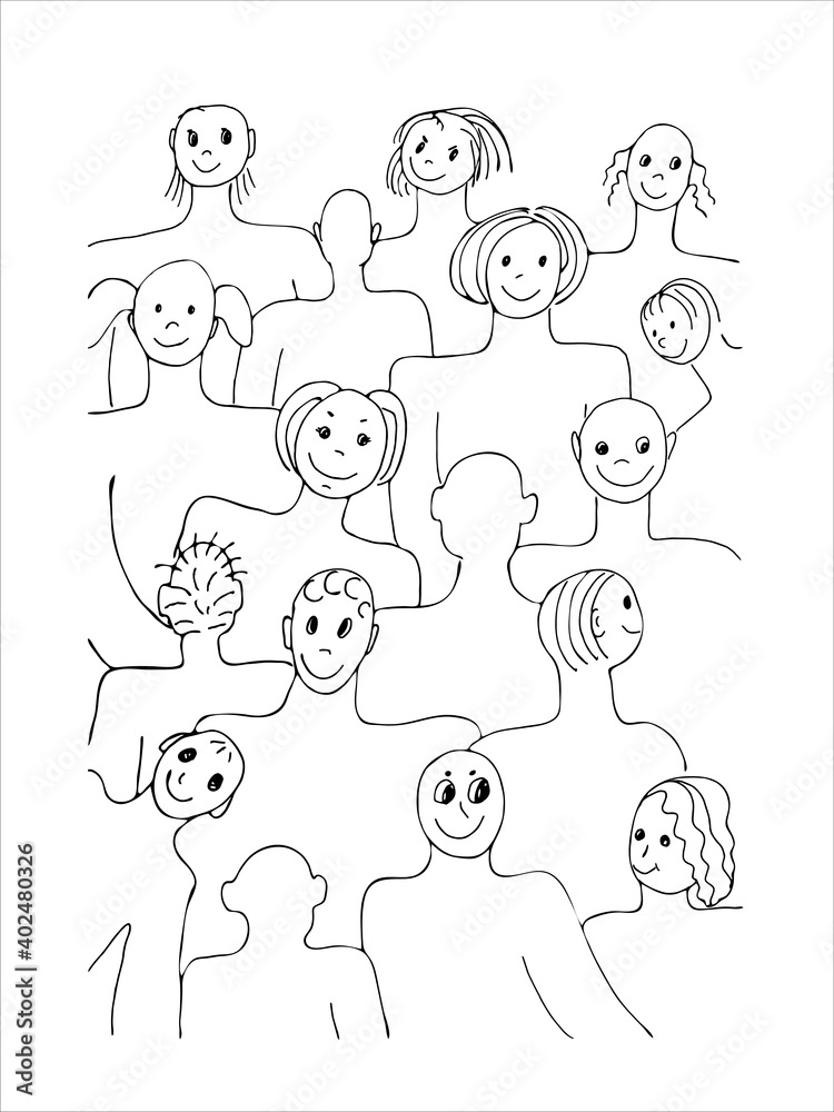 faces of people - hand drawn. Crowd of abstract people. Flat design, vector illustration. Comic illustrations.
